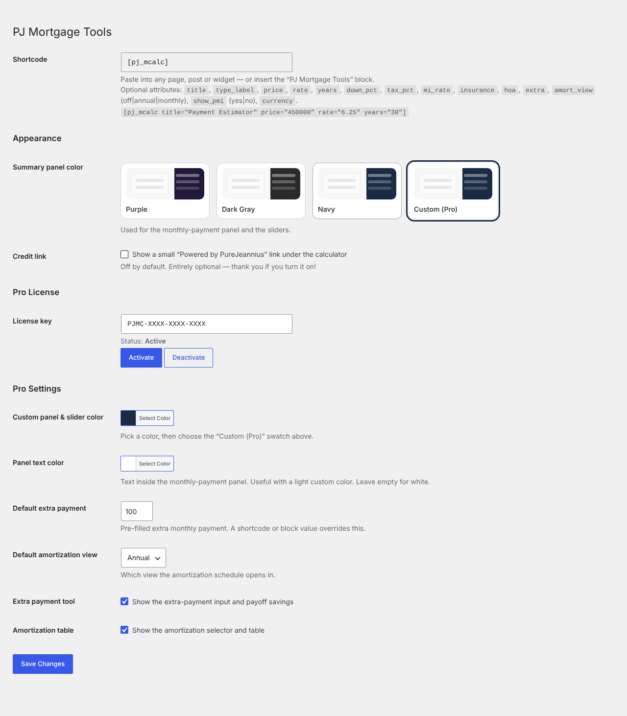 PJ Mortgage Tools settings page with Pro options